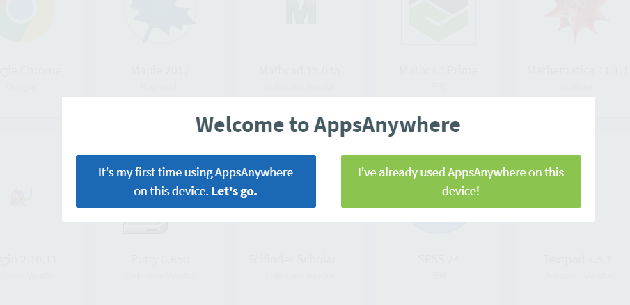 Apps Anywhere welcome message asking if the client is installed on your computer or not.